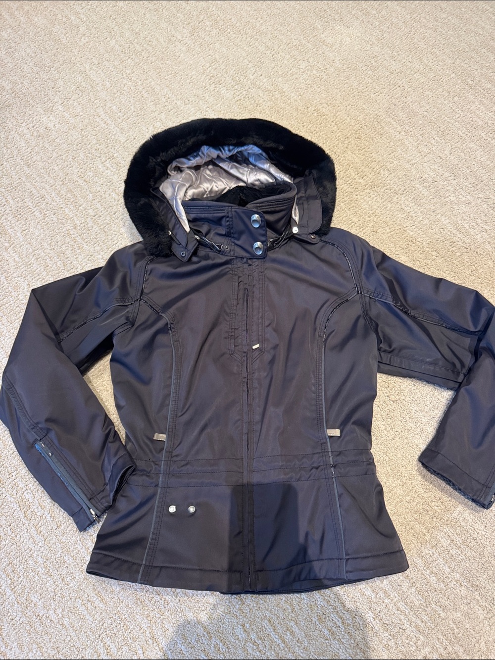 Women’s Black Hooded Winter Jacket with Faux Fur Trim